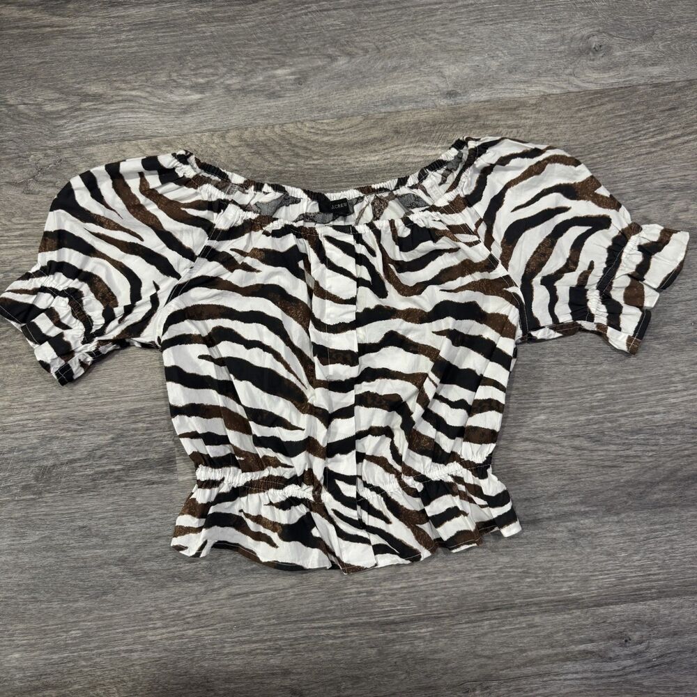 J Crew XS Zebra Print Off Shoulder Blouse Black Cream Brown